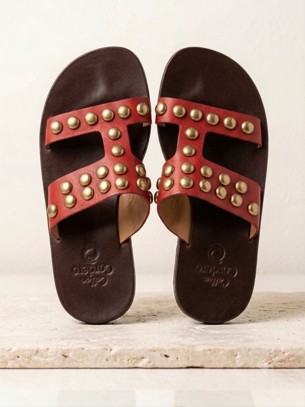 FP Calleen Cordero Red Studded Leather H Strap Slide Sandals 7.5 Boho Luxury